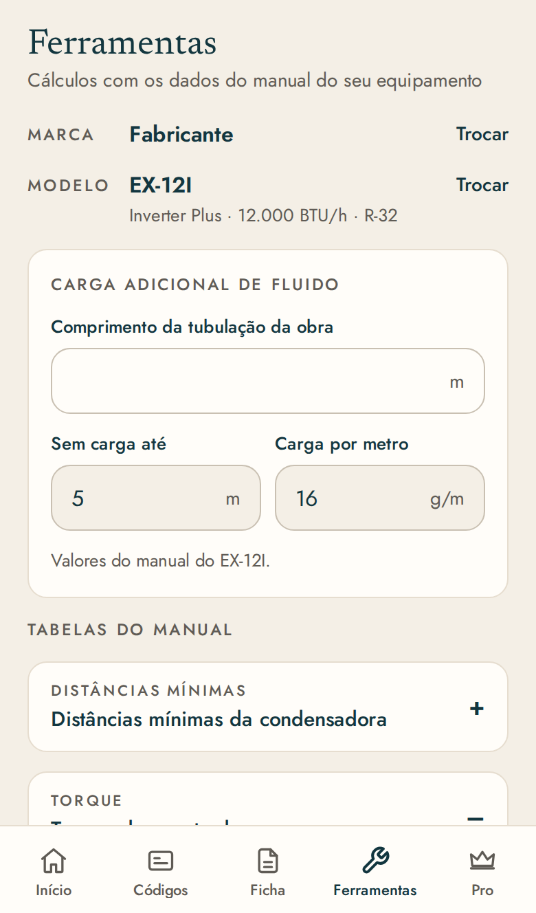Tela da calculadora de carga adicional