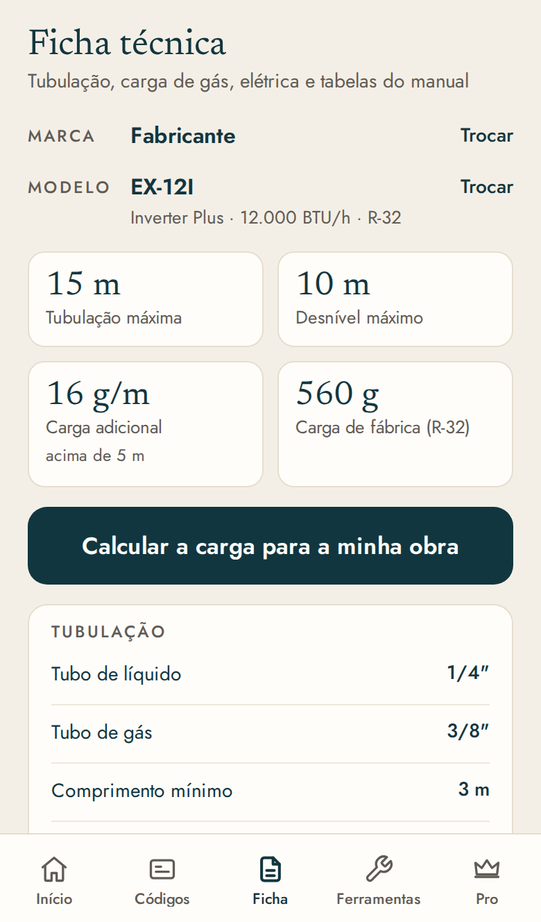 Tela de ficha técnica do modelo